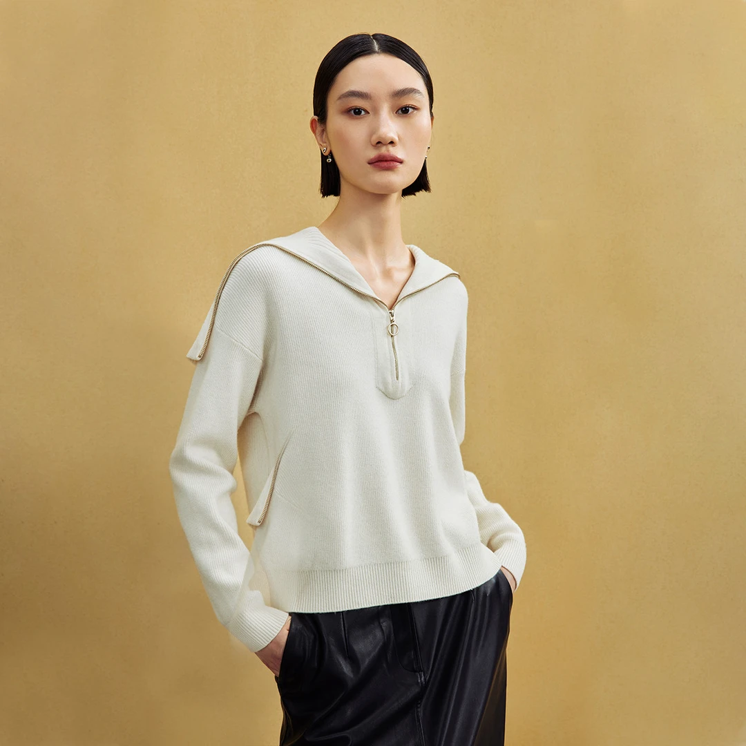 【薇薇专属】M733302140时尚拉链式大翻领针织衫女慵懒羊绒衫