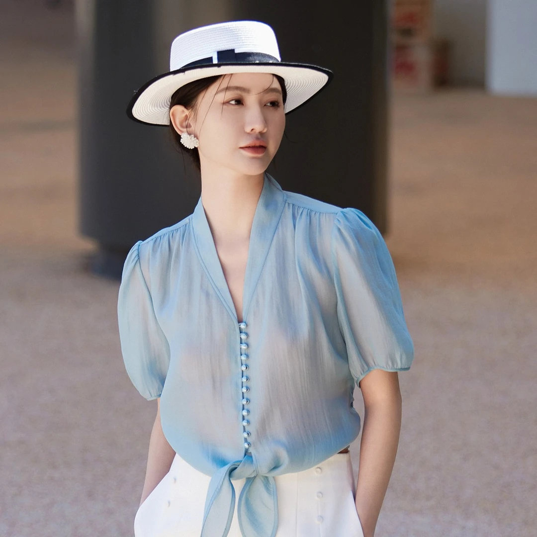 【专柜同款】M314103869曼德诗莱赛尔天丝雪纺衫立领宽松小衫女