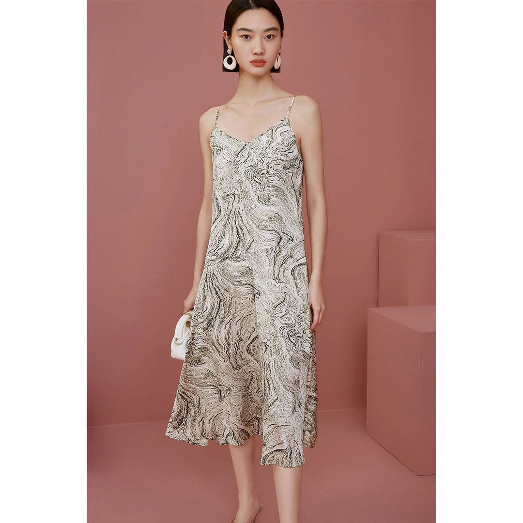 【小余专属】薄荷曼波春季简约百搭石纹印花千金中长裙M534000691