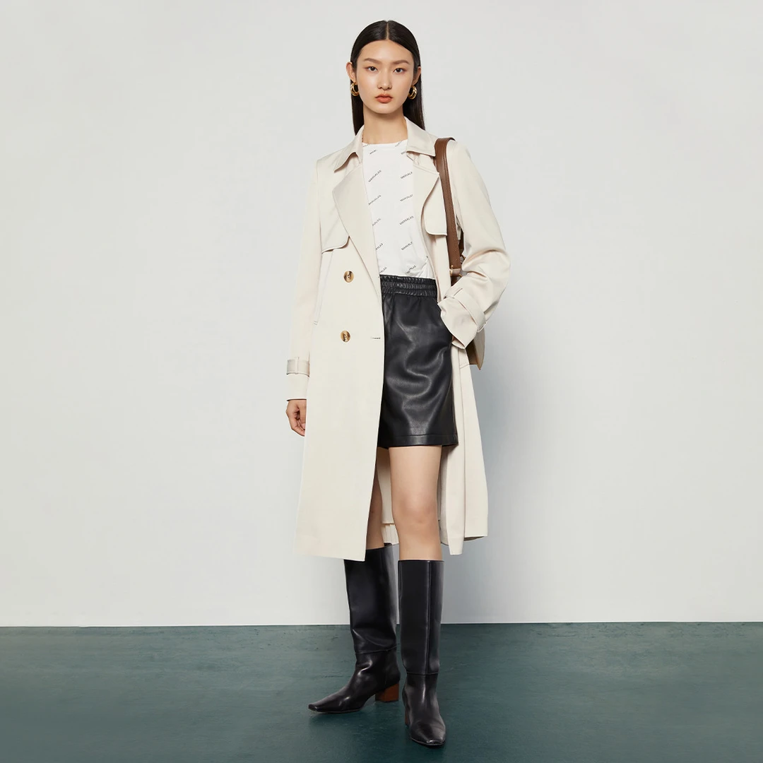 潮流通勤风衣女秋冬季纯色气质百搭双排扣长款外套D424301705