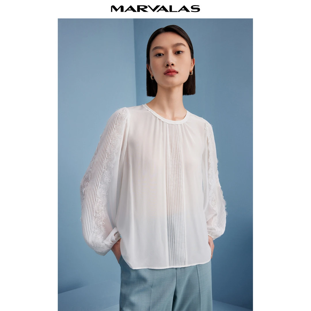 纯色气质桑蚕丝雪纺衫夏季灯笼袖圆领宽松长袖法式小衫M314301067