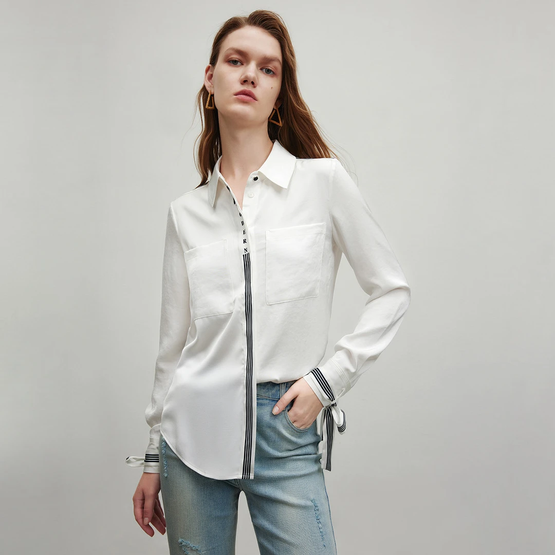 【诗语专属】纯色气质衬衫女秋季简约撞色字母条纹翻领造型感衬衣