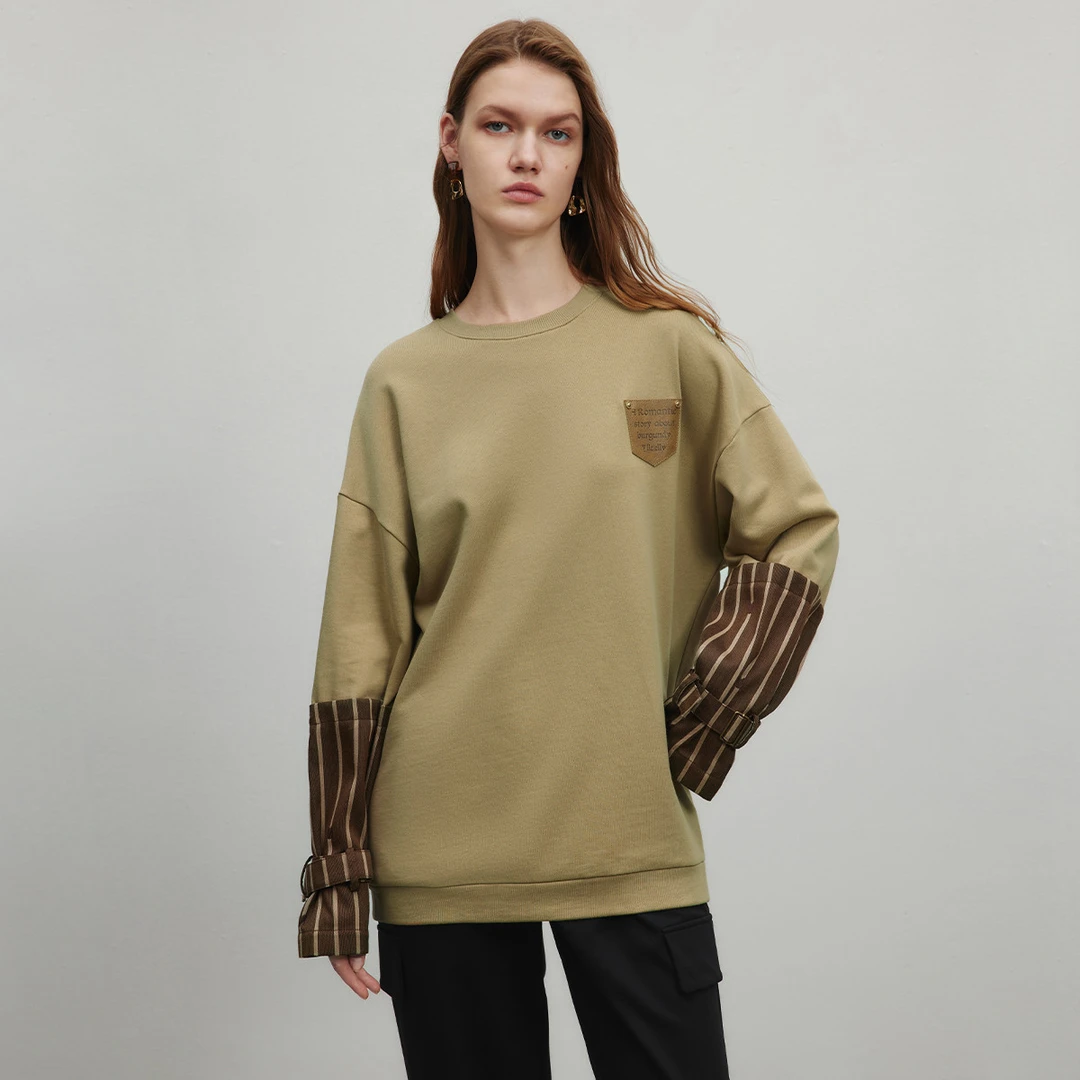 时尚百搭卫衣女秋季宽松显瘦设计感条纹拼接复古长袖Y317301891