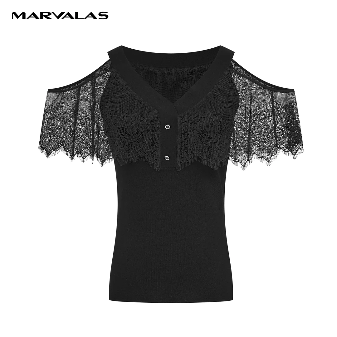 【专柜同款】M733104145曼德诗V领蕾丝针织T恤短袖冰感气质女装