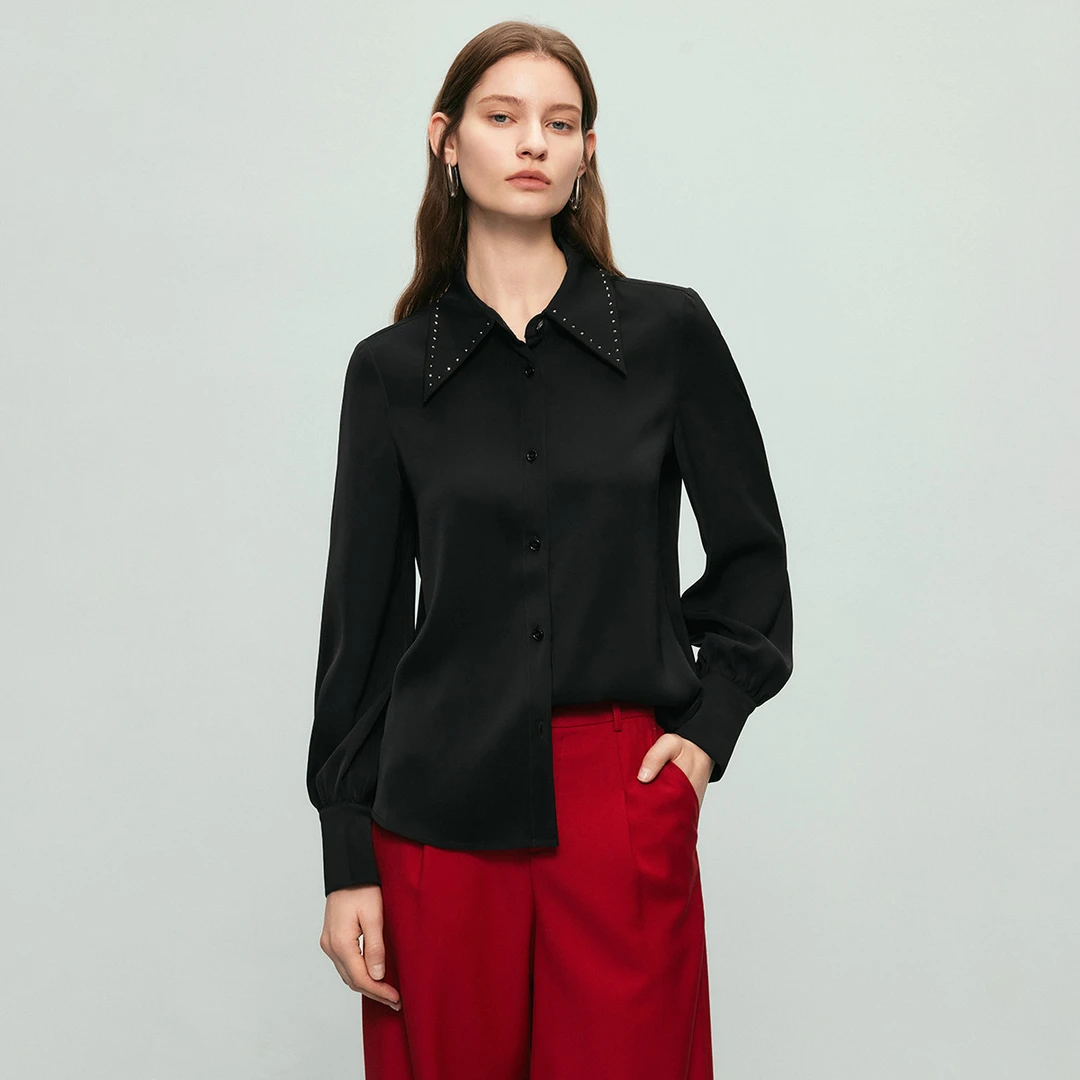 【籽言专属】气质上衣女2024时髦烫钻设计百搭缎感长袖衬衣