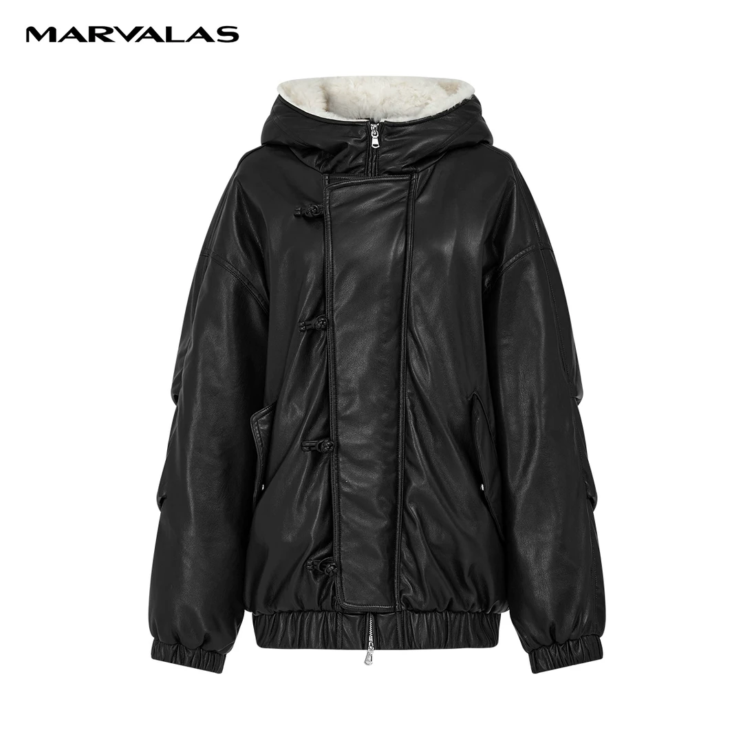 【曼德诗】皮质羽绒服羊毛领女冬季新款女装短款羽绒服M450307441