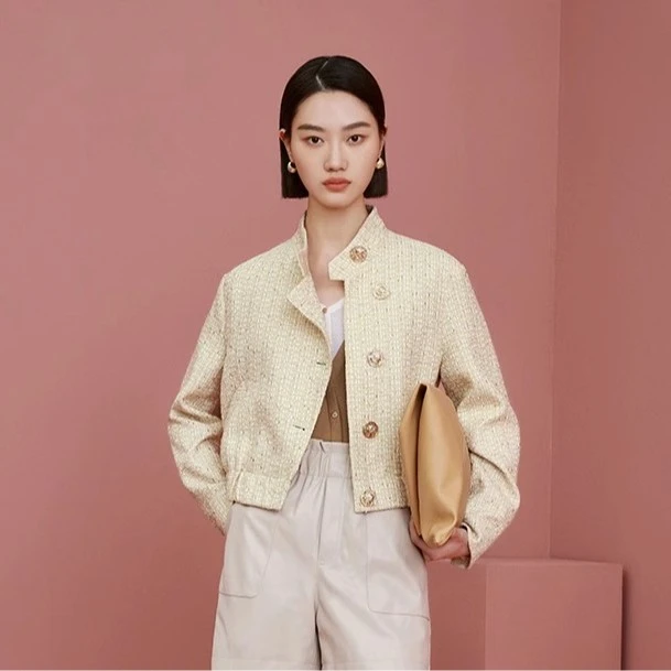 【许半夏推荐】米色短外套名媛复古粗花呢立领单排扣编织小香夹克