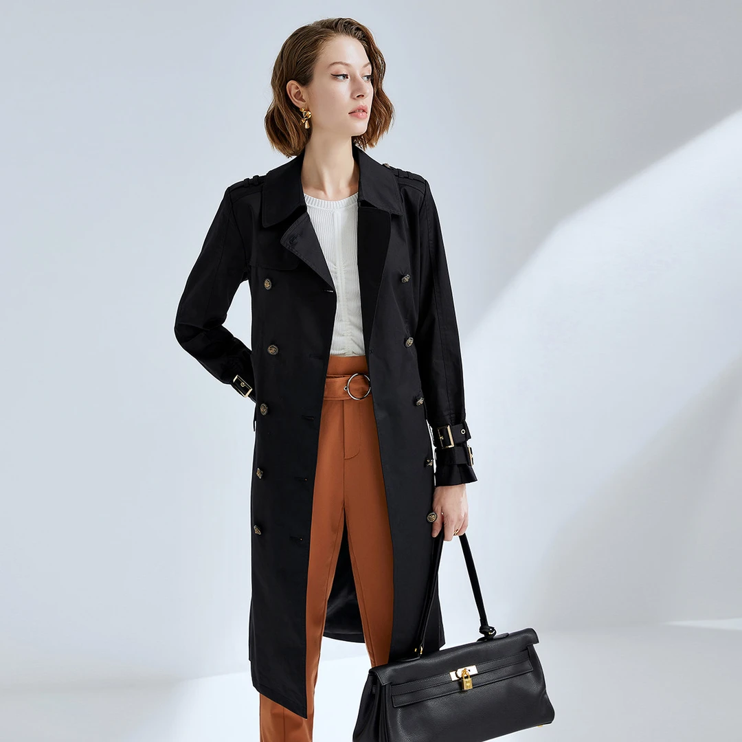 【曼德诗】气质西装领双排扣风衣女腰带中长款通勤外套431281-93876