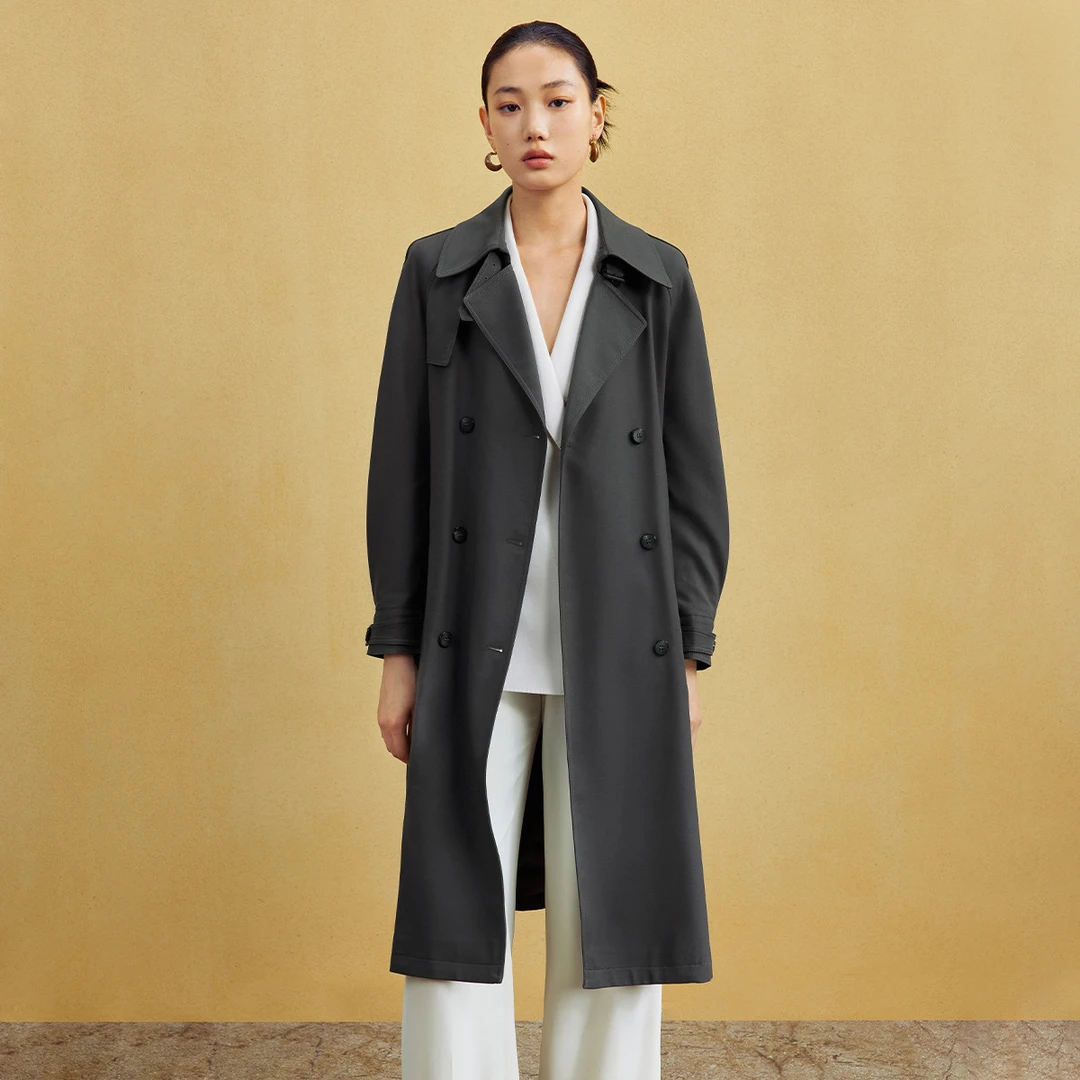 气质腰带收腰经典风衣女秋季简约翻领时尚长外套M424301671