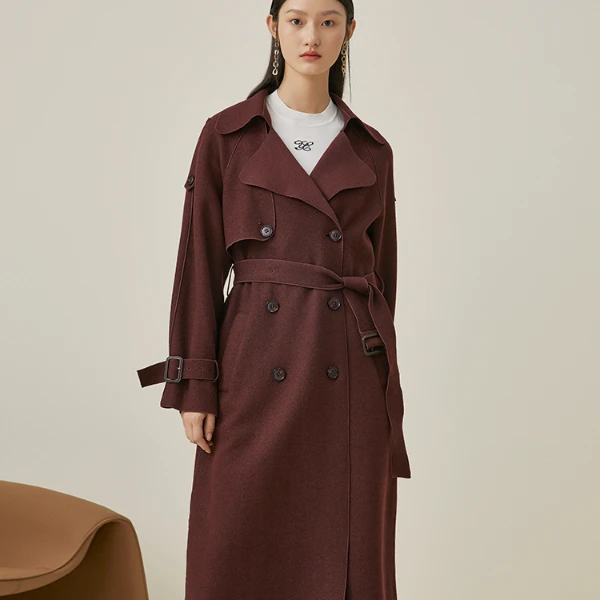 气质翻领风衣女秋季时尚腰带设计感长款外套431553-96775