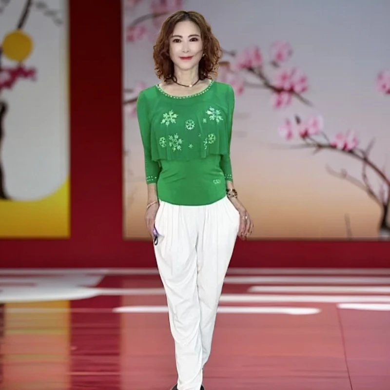 时尚七海舞服百搭拉丁舞镶钻镶钻蕾丝民族风八分袖女士上衣雪花