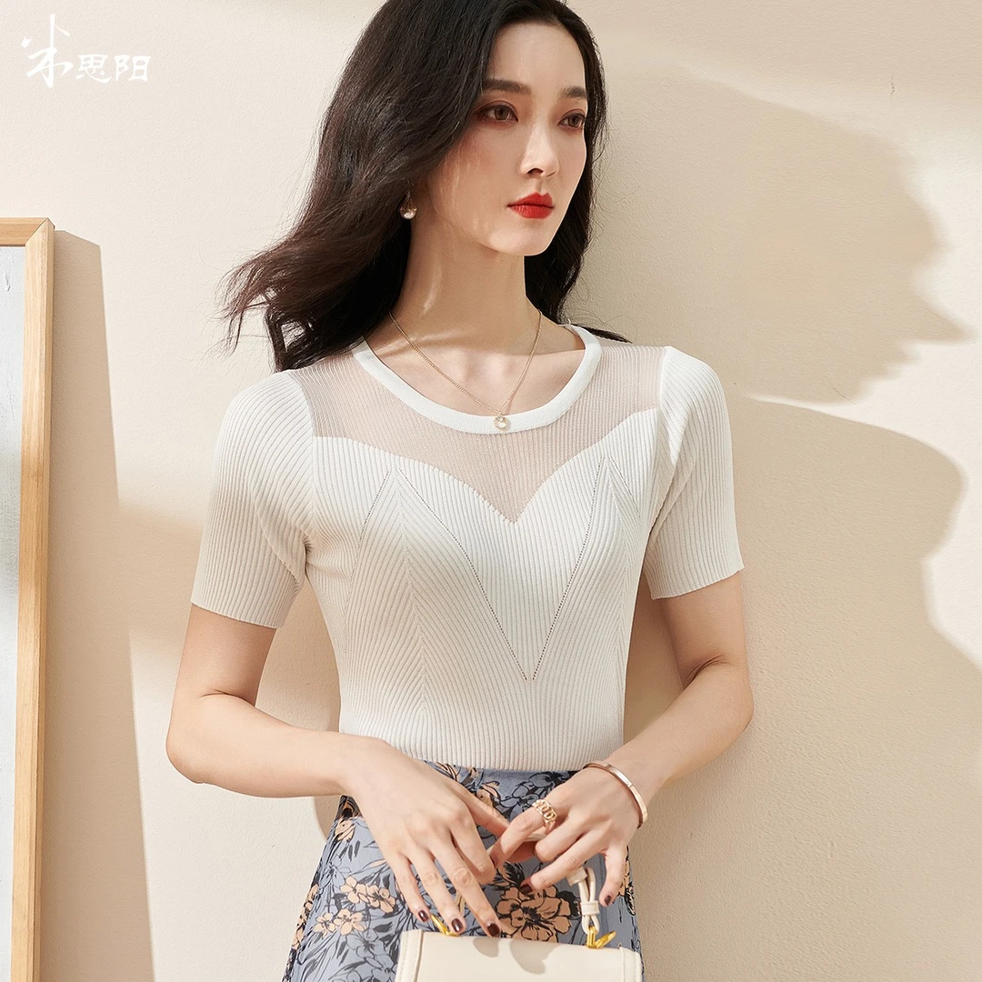 简约白色针织T恤小性感半透露肩短袖上衣5B22BU0882