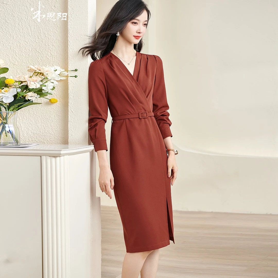 米思阳春秋优雅气质大方简约压褶V领连衣裙5Y22CL2285时尚修身