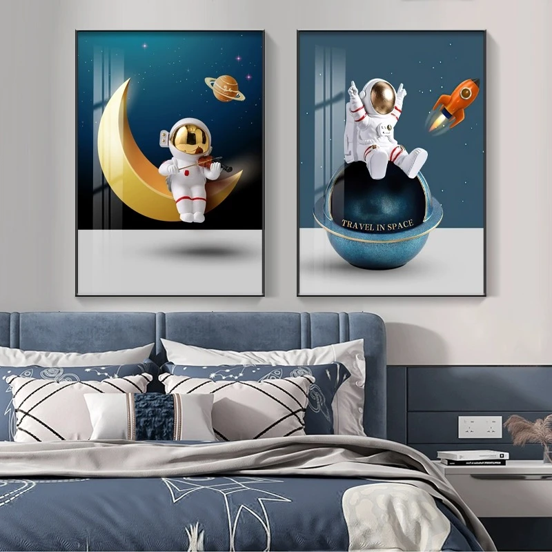 太空宇航员创意挂画现代简约卡通男孩房卧室床头竖版两联装饰画
