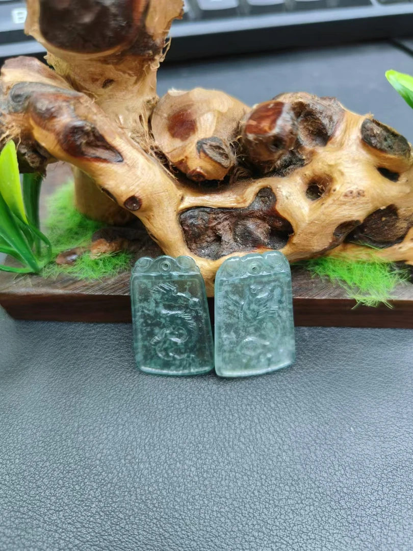 368【翠玉翡翠】 天然A货翡翠龙凤对牌吊坠