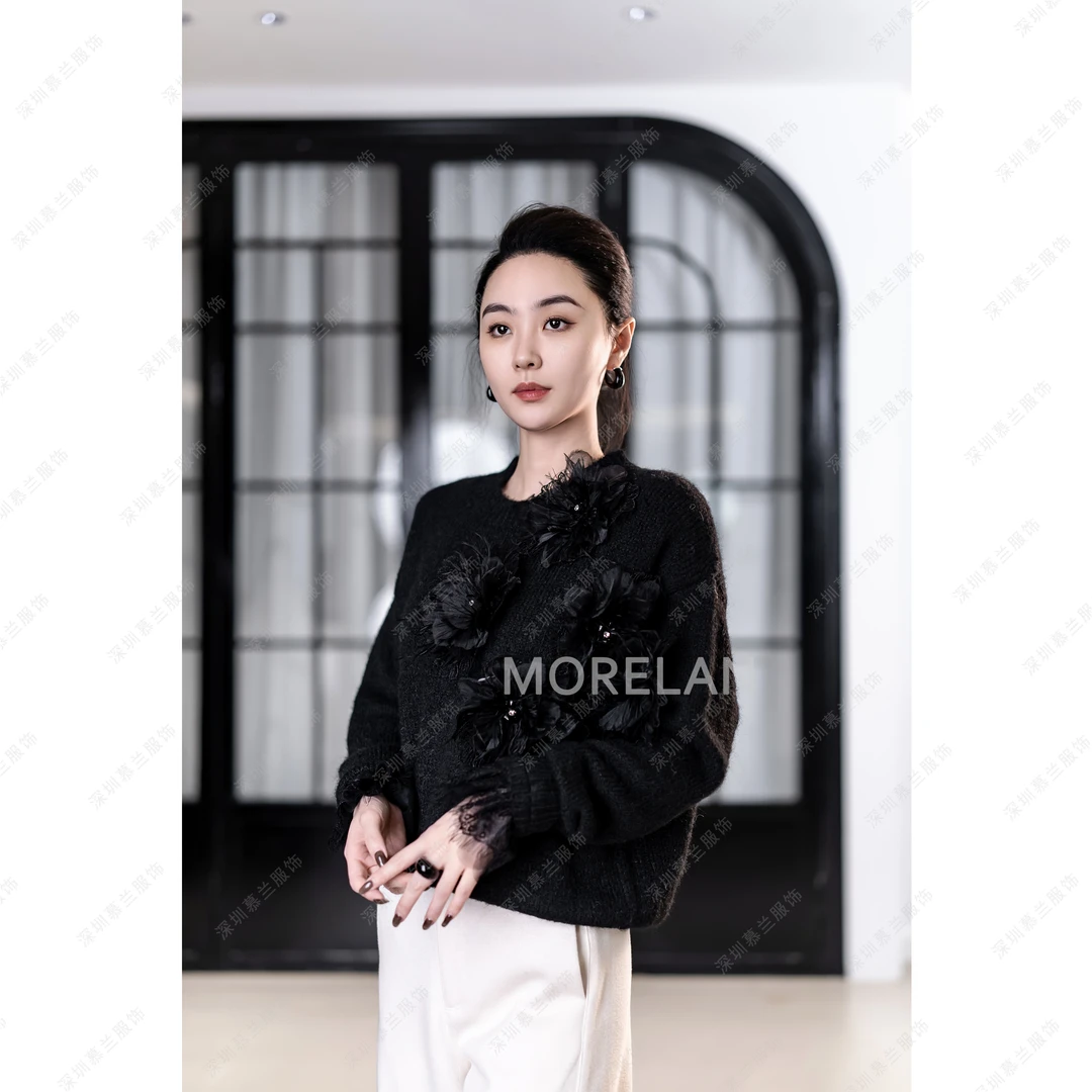 慕兰新款时髦小香风气质立体花朵蕾丝针织毛衣上衣XM-2129