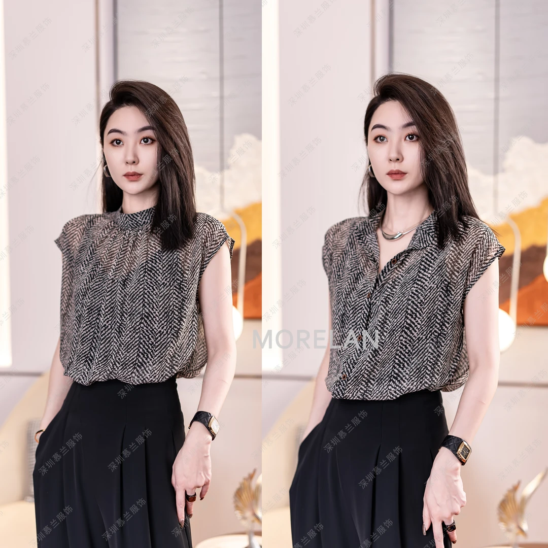 慕兰繁浮夏季新款高级气质正反两穿提花云丝纱立领上衣XM-96956