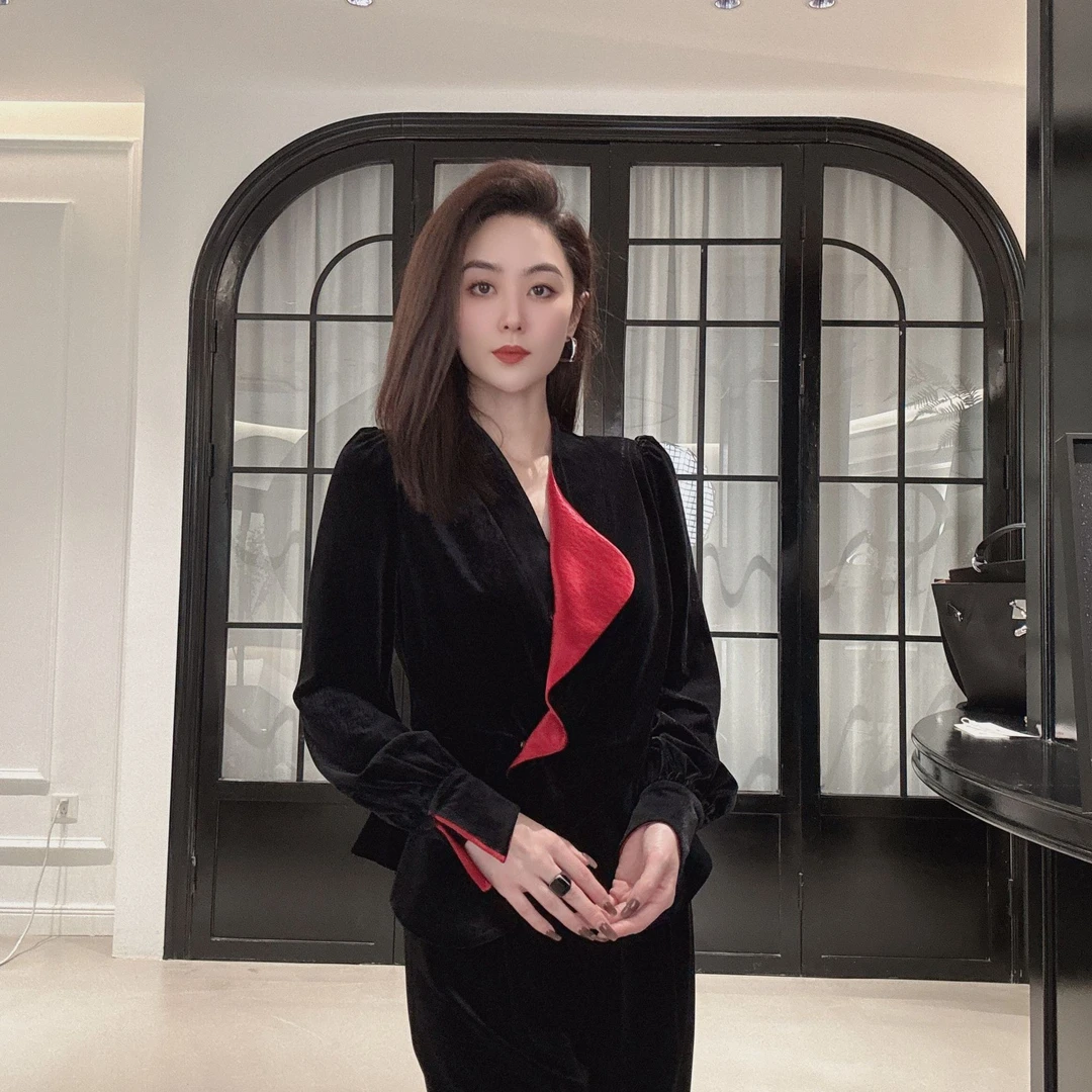 慕兰繁浮新款原创时髦气质撞色V领修身显瘦丝绒衬衫ML-91010