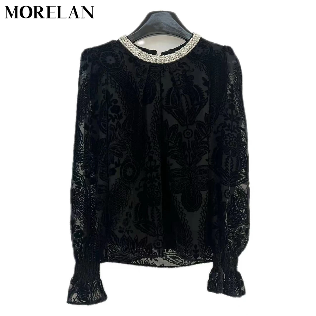 MORELAN气质法式蕾丝拼接刺绣印花透视立领喇叭袖衬衫上衣XM-2788