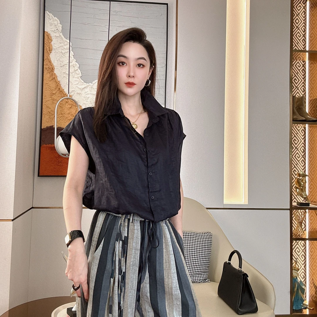 慕兰繁浮夏季新款慵懒简约休闲翻领短款修身显瘦短袖上衣LL-69435