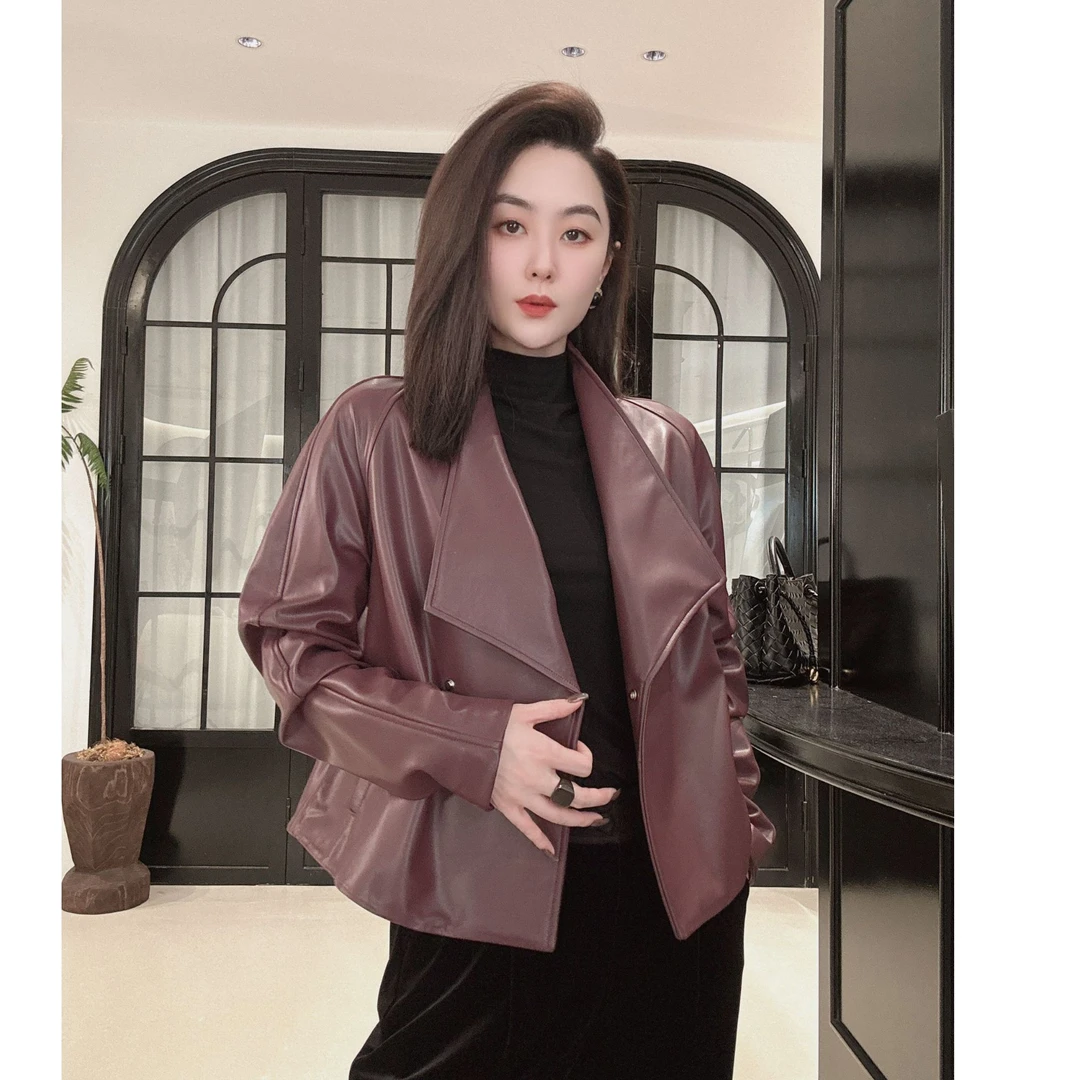 慕兰繁浮秋季新款慵懒松弛简约气质翻领皮衣高级外套夹克ML-88648