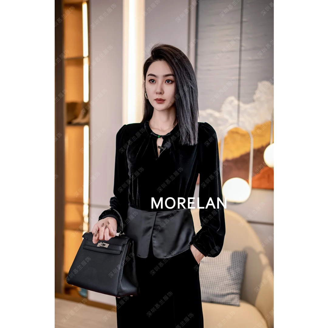 【国风典雅】繁浮2024春季新款复古中式丝绒拼接上衣秋冬LL-231000