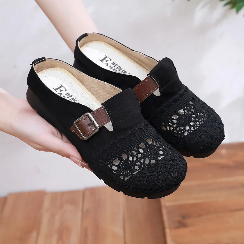 夏季新款休闲镂空透气包头半拖时尚百搭软底妈妈鞋网面半踩懒人鞋