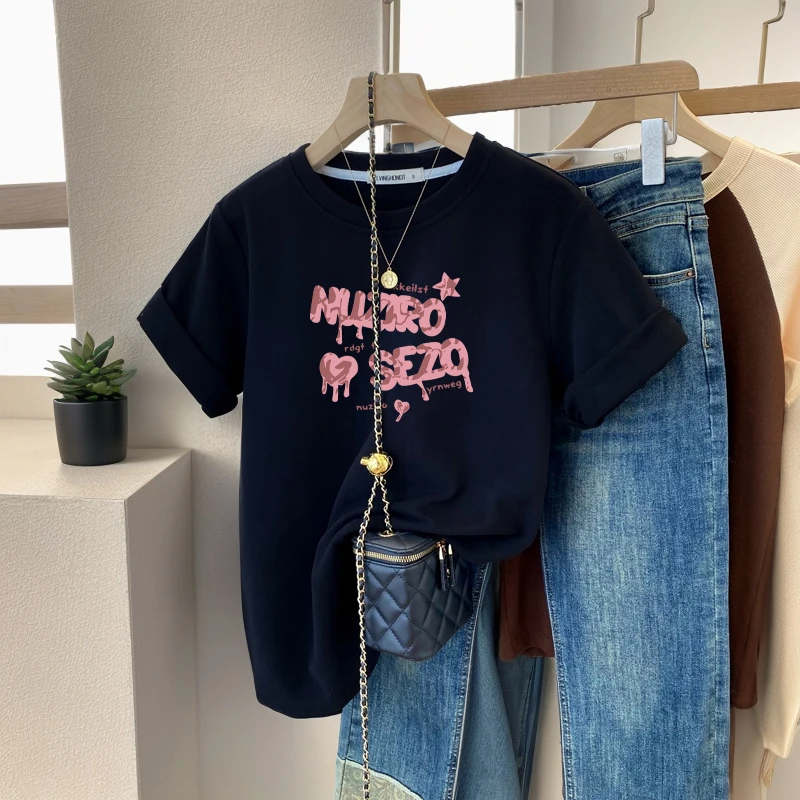 胖mm正肩磨毛短袖女秋季2024新款设计感小众宽松遮肉显瘦加厚上衣