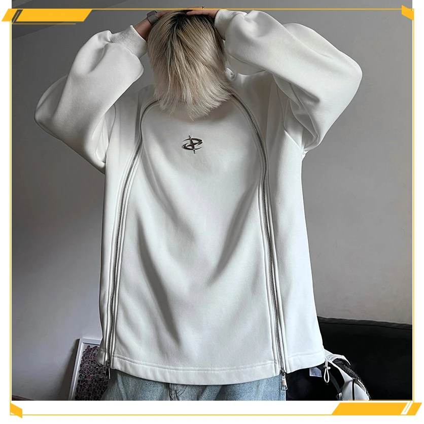 美式复古无帽卫衣男款秋季双拉链设计感重磅上衣潮牌cleanfit外套