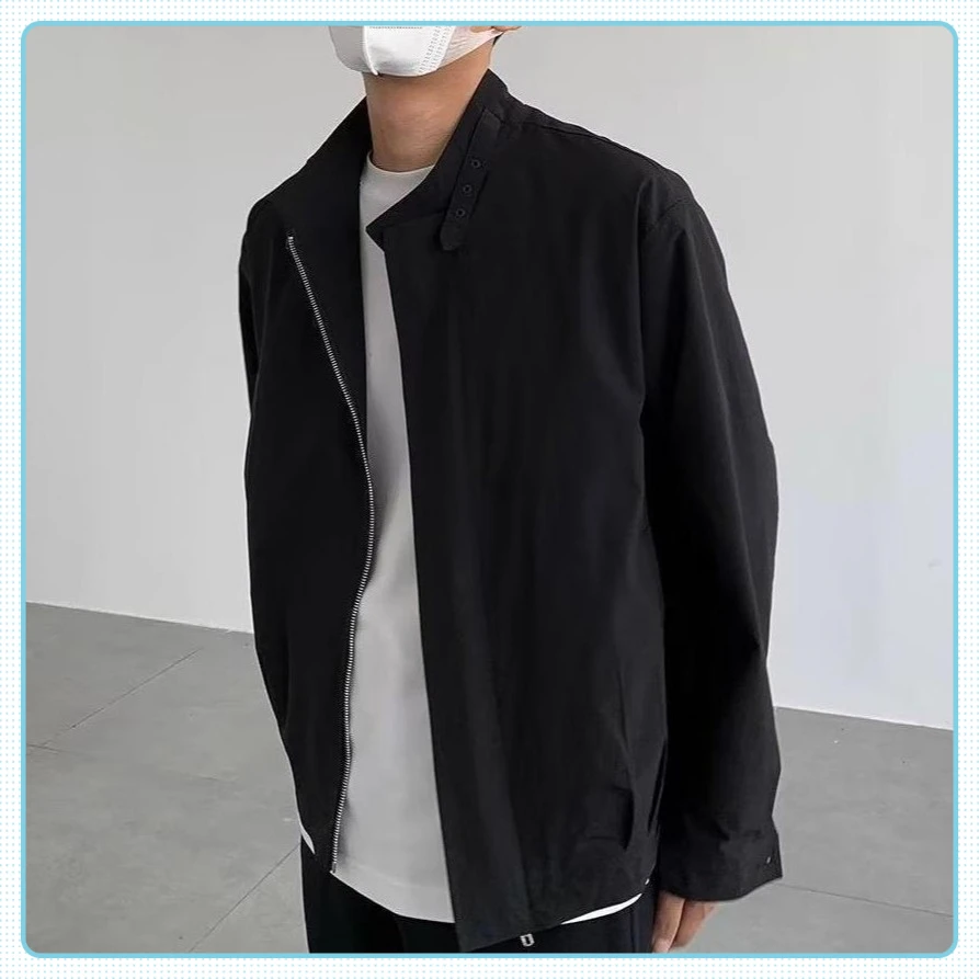 高级感痞帅黑色夹克男款2023春秋新款薄款长袖小立领休闲外套潮牌