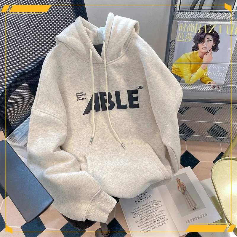 2023网红爆款港风美式复古连帽加绒加厚卫衣男秋冬国潮宽松百搭外