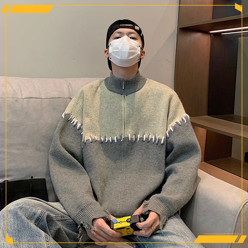 加厚男装针织衫长袖套头设计感小众oversize潮毛衣毛衫秋季圆领