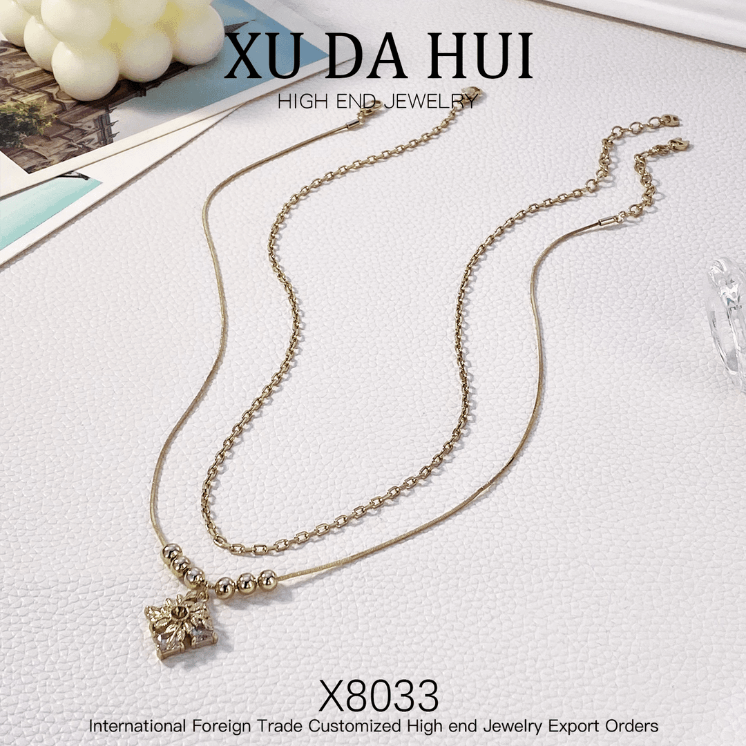 铜合金项链 设计师款时尚双层叠戴项链百搭X8033咖啡金色