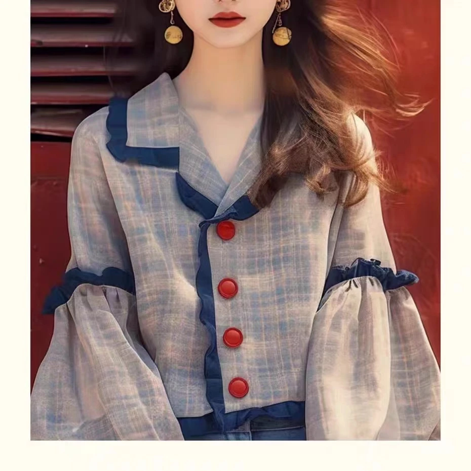 2025春新款法式独特别致上衣时尚洋气减龄甜美蓝色拼接格子衬衫