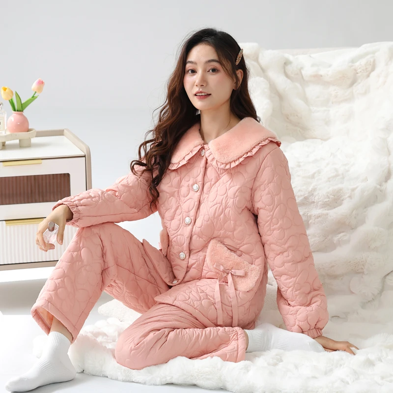 羽绒夹棉睡衣女款冬季2025新款加绒加厚三层珊瑚绒保暖家居服套装