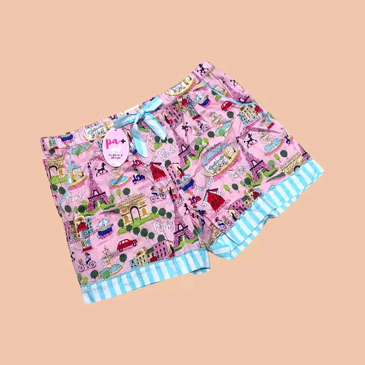 儿童粉色蓝边卡通满印亲子装短裤