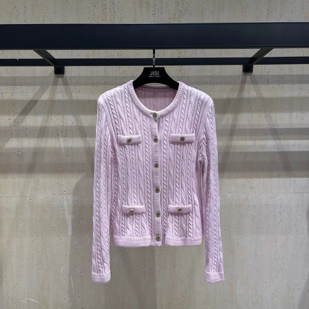 JISI 淡紫色绞花圆领针织开衫-MZ24527