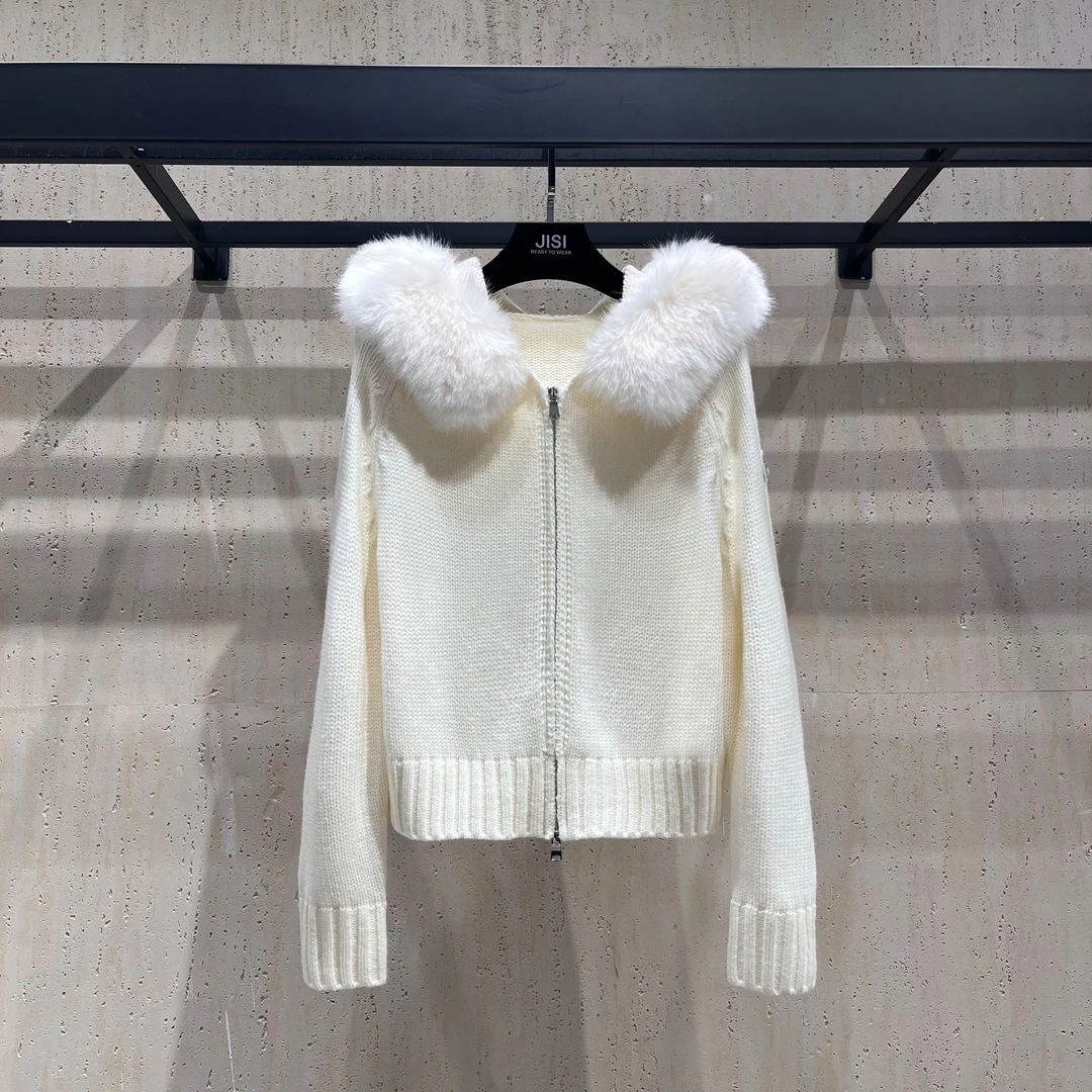 JISI 拼接毛领连帽针织开衫外套-MZ24604