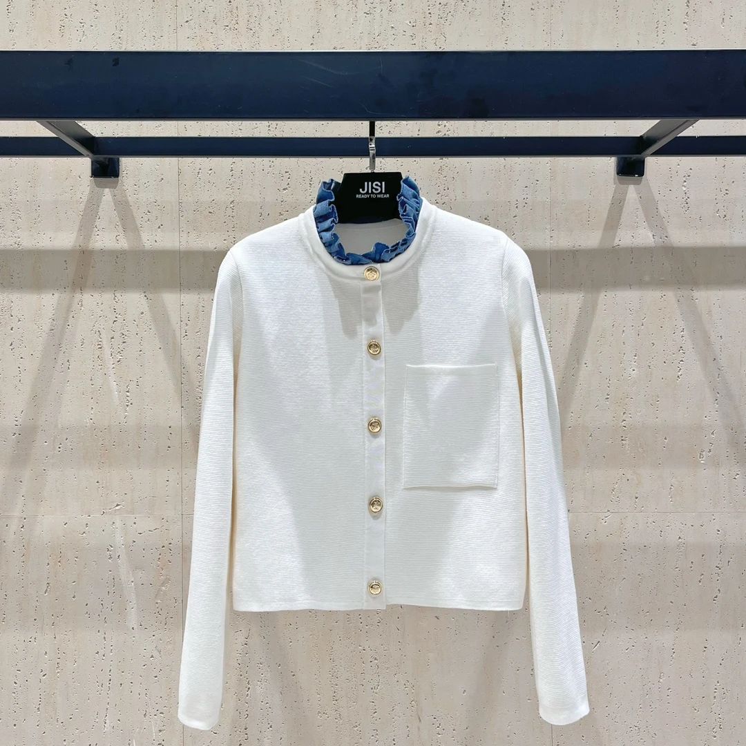 JISI 牛仔领拼接针织开衫外套