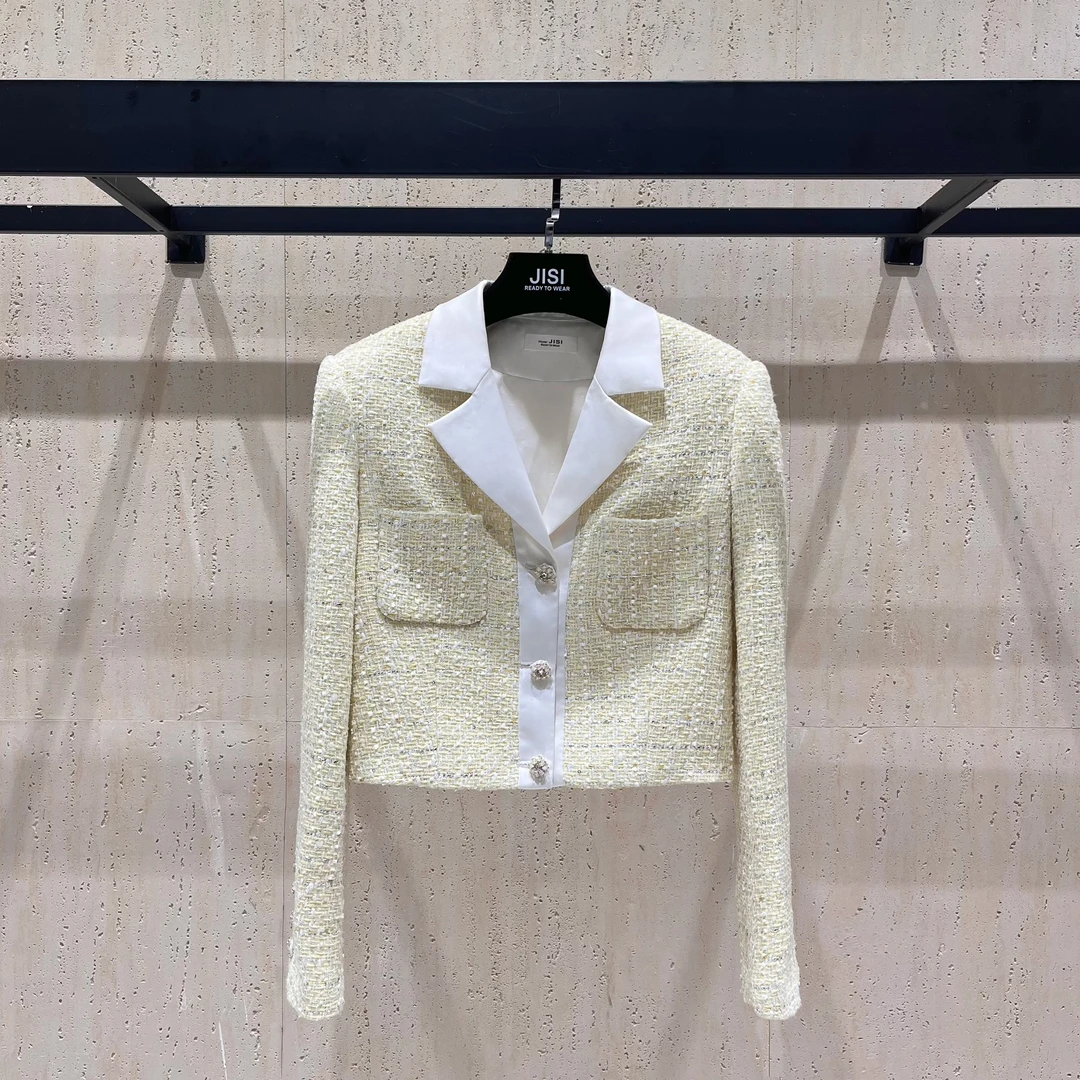 JISI 黄色拼接翻领短款粗花呢外套