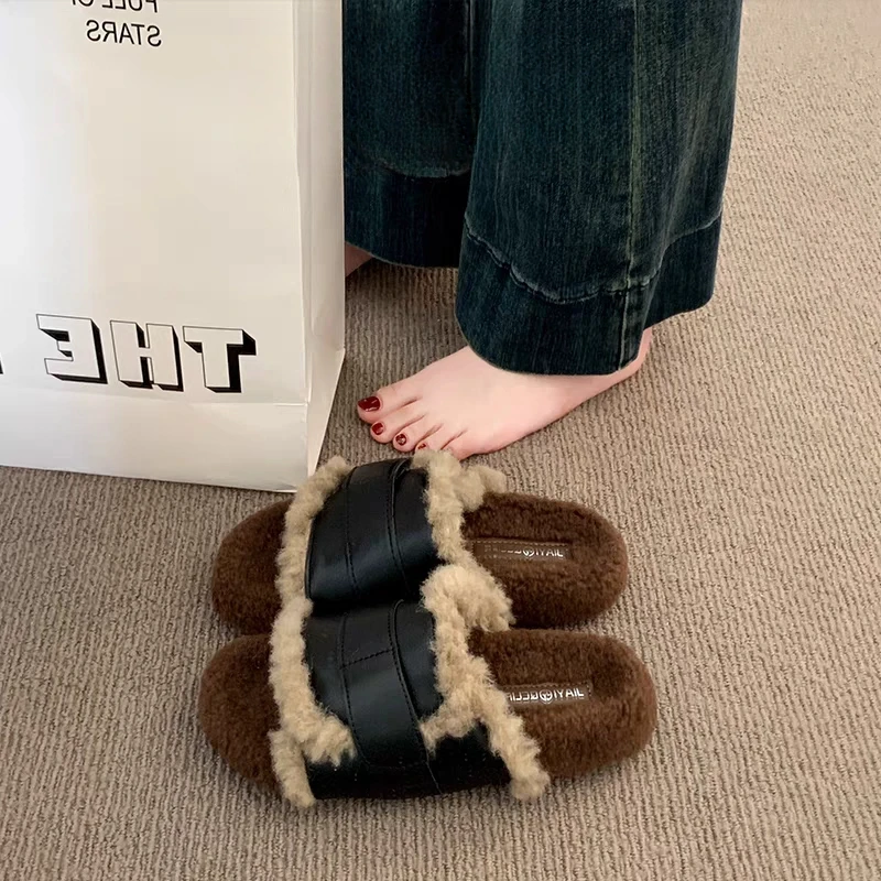 韩版毛毛拖鞋女外穿2024秋冬新款爆款网红厚底羊羔毛博肯一字棉拖