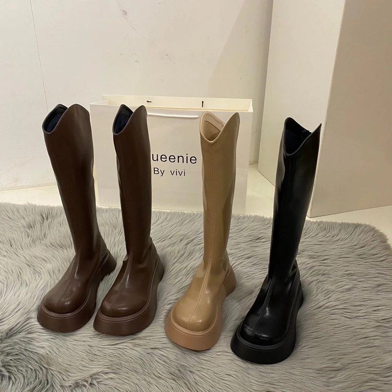 春秋时尚不过膝长筒靴子女2024新款骑士靴厚底欧货大头高筒瘦瘦靴