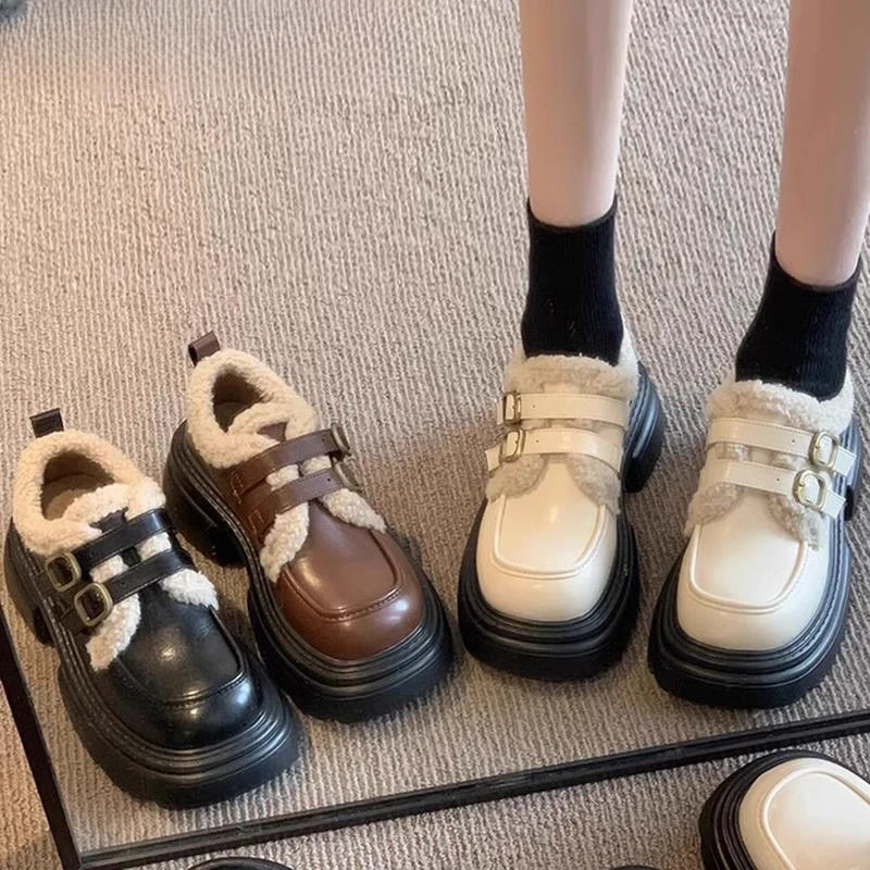 黑色英伦风小皮鞋女秋冬2024新款法式厚底乐福鞋加绒棉鞋玛丽珍鞋