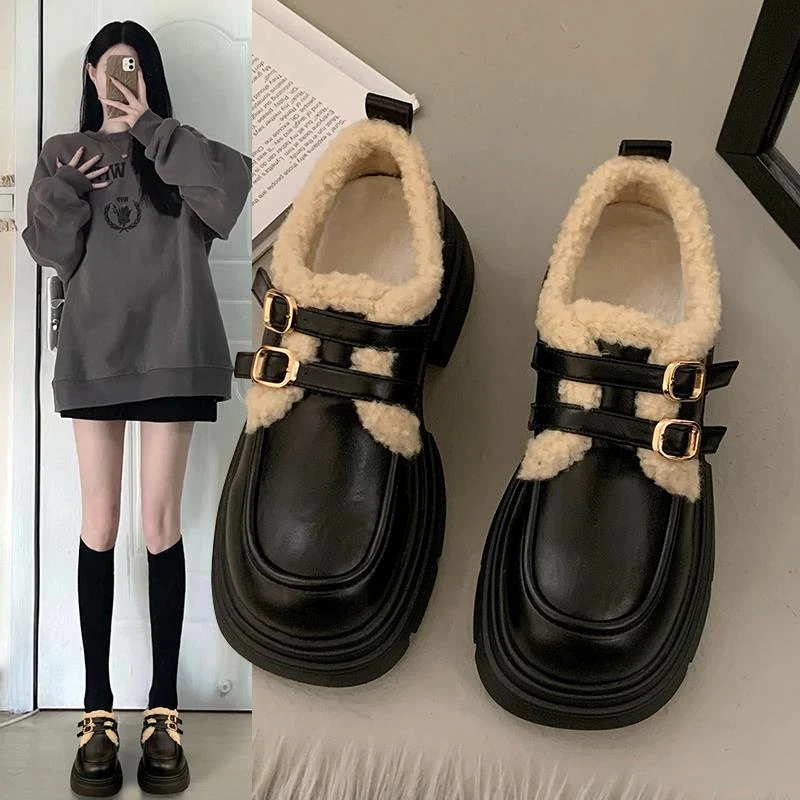 英伦厚底乐福鞋女2024新款秋冬加绒单鞋冬季增高豆豆鞋黑色小皮鞋
