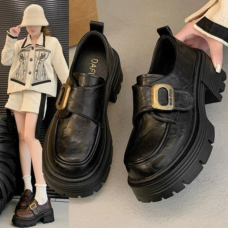 英伦风厚底百搭小皮鞋女2024新款秋季增高乐福鞋小个子不累脚单鞋