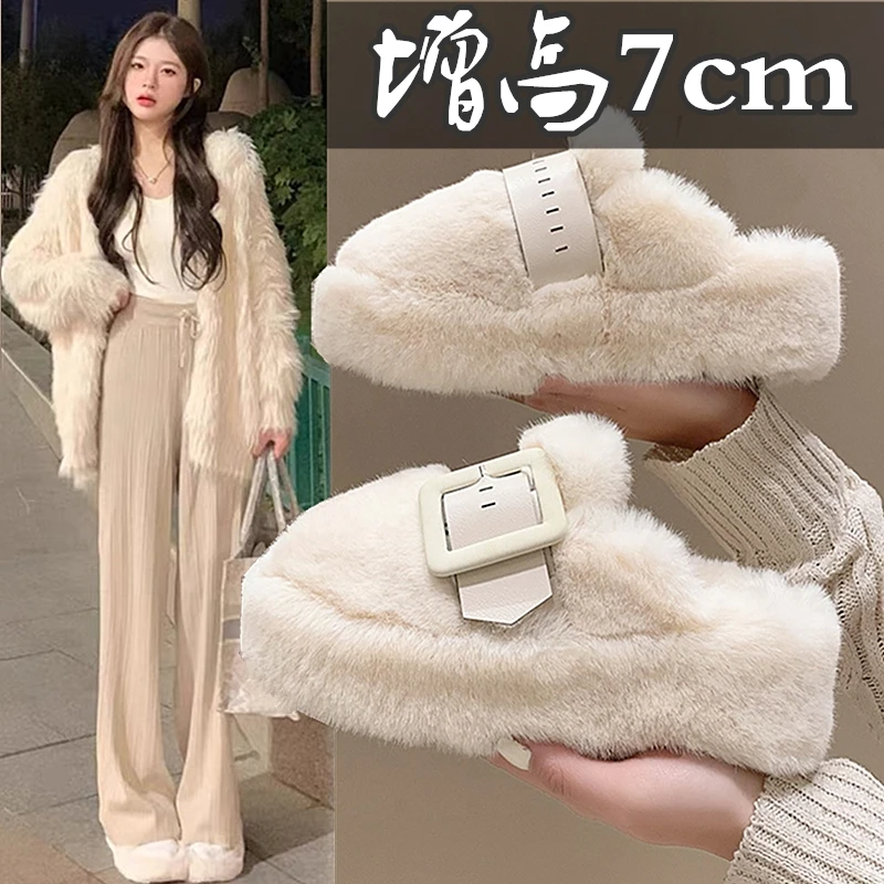 网红包头毛毛半拖鞋女冬2024新款厚底加绒保暖棉鞋毛毛鞋外穿时尚