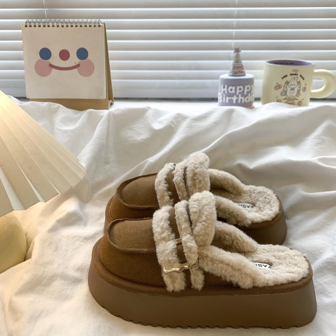厚底包头半拖鞋女外穿2024新款秋冬复古懒人一脚蹬毛绒勃肯棉拖鞋