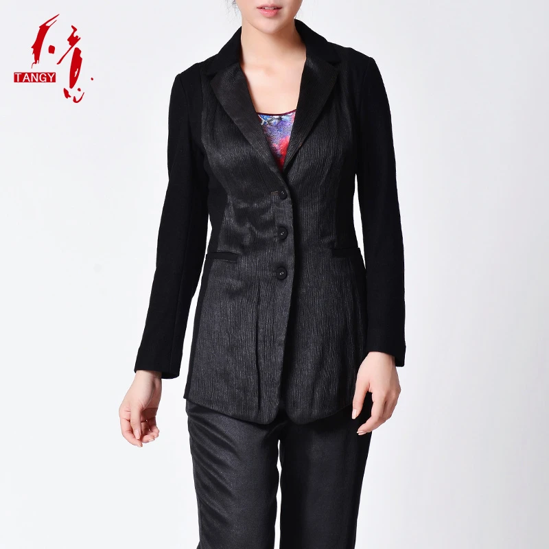 TANGY/天意秋冬修身时尚黑色款肌理感羊毛针织拼接短外套女L43017