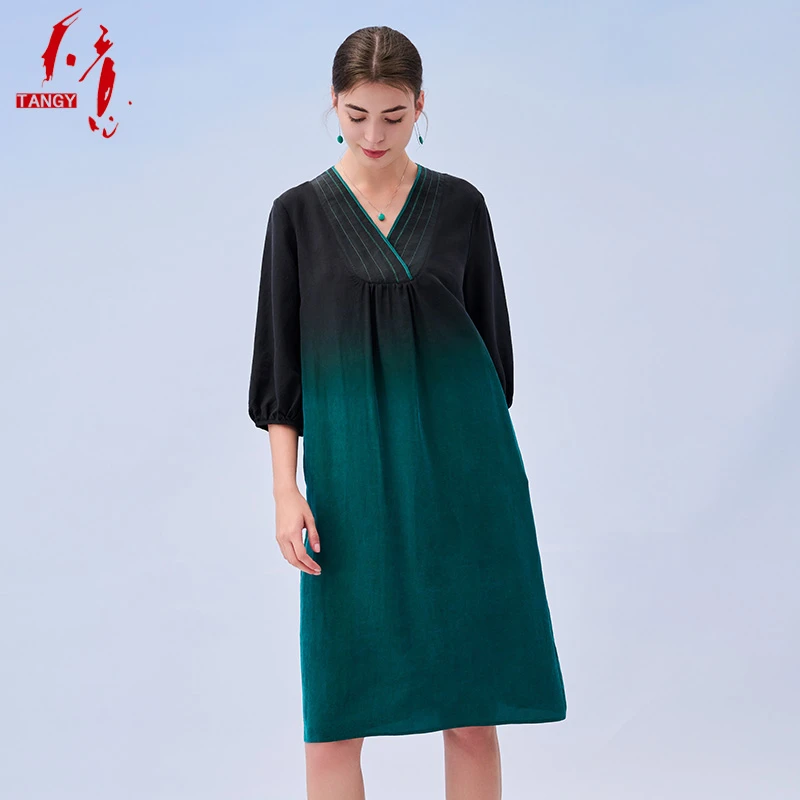 TANGY/天意夏季新品民族风简约女中长款茛绸连衣裙 2232821