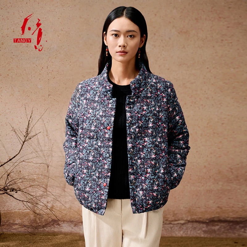 TANGY/天意秋冬季新款印花简约静奢新中式短款女士棉服W244004